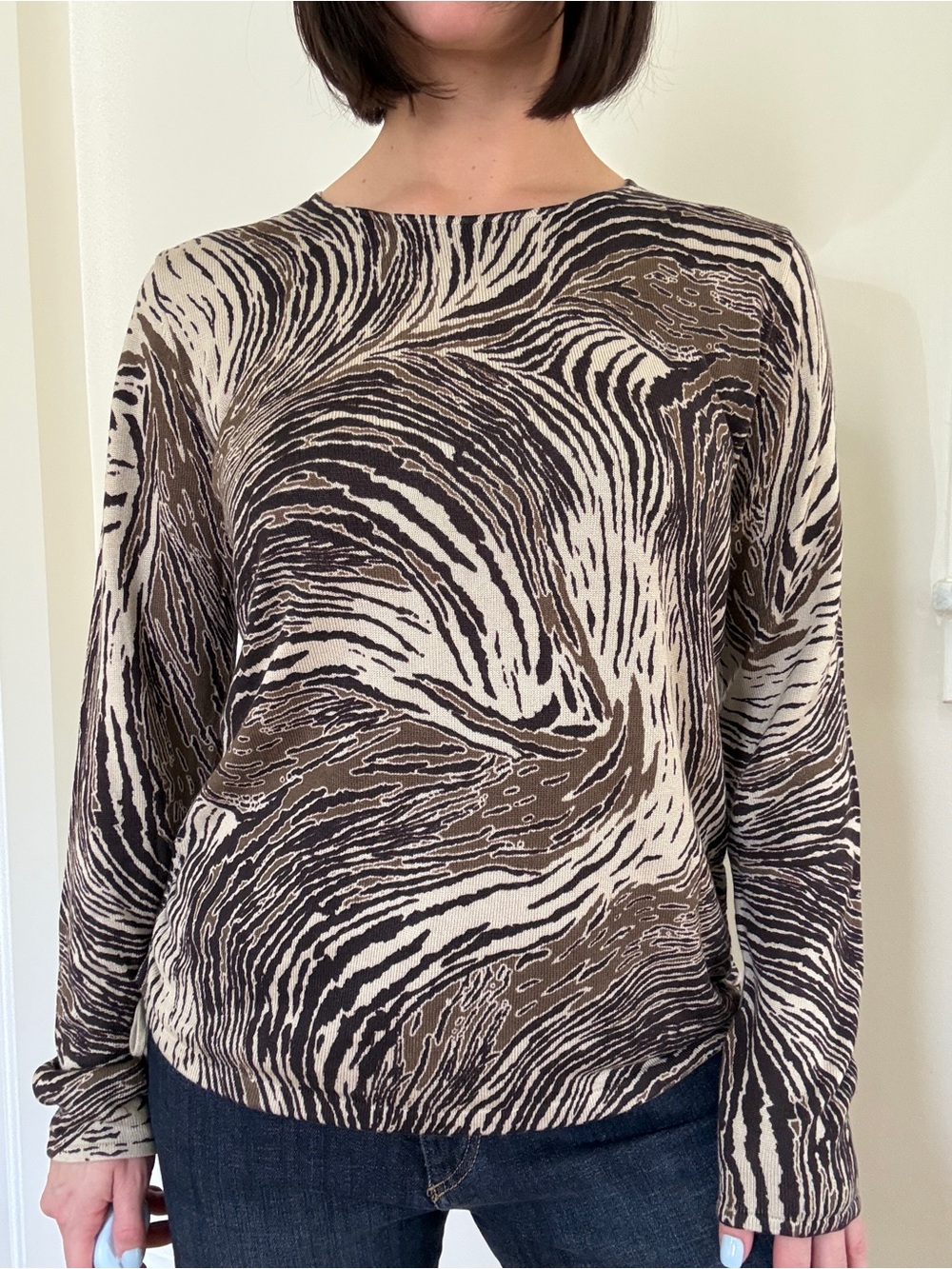 Ellen Tracy Brown & Cream Swirl Crewneck Top L